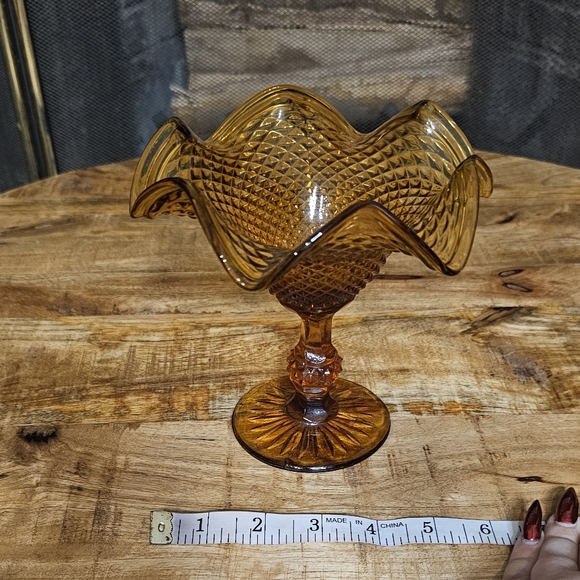 Indiana Glass Fluted Compote Diamond Point Candy Dish Amber Pedestal Ball Stem - Picture 3 of 11